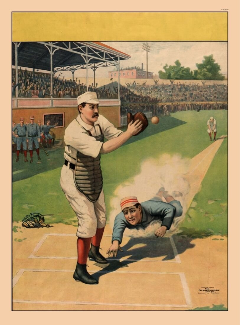 7293.Player sliding into first base.Catcher catches ball.POSTER.art wall decor