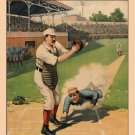 7293.Player sliding into first base.Catcher catches ball.POSTER.art wall decor