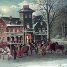 6191.Big party in house during winter.horse and sleighs.POSTER.Home Office art