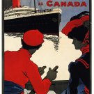 7572.Ligne Allan.Man & woman dressed in red wait for boat.POSTER.art wall decor