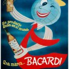 7809.Bacardi.Blue globe with red tie holding bottle.POSTER.art wall decor 7809.Bacardi.Blue globe with red tie holding bottle.POSTER.art wall decor