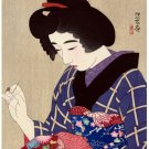 7367.Japanese woman in kimono sitting down knitting.POSTER.art wall decor