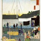 7333.People in japanese market.cross bridge.boats in bay.POSTER.art wall decor