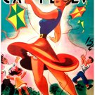 7850.Carteles.Woman in red skirt.blue blouse flying kite.POSTER.art wall decor