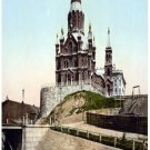 6439.Cathedral on top of cliff.next to river.pier.POSTER.art wall decor