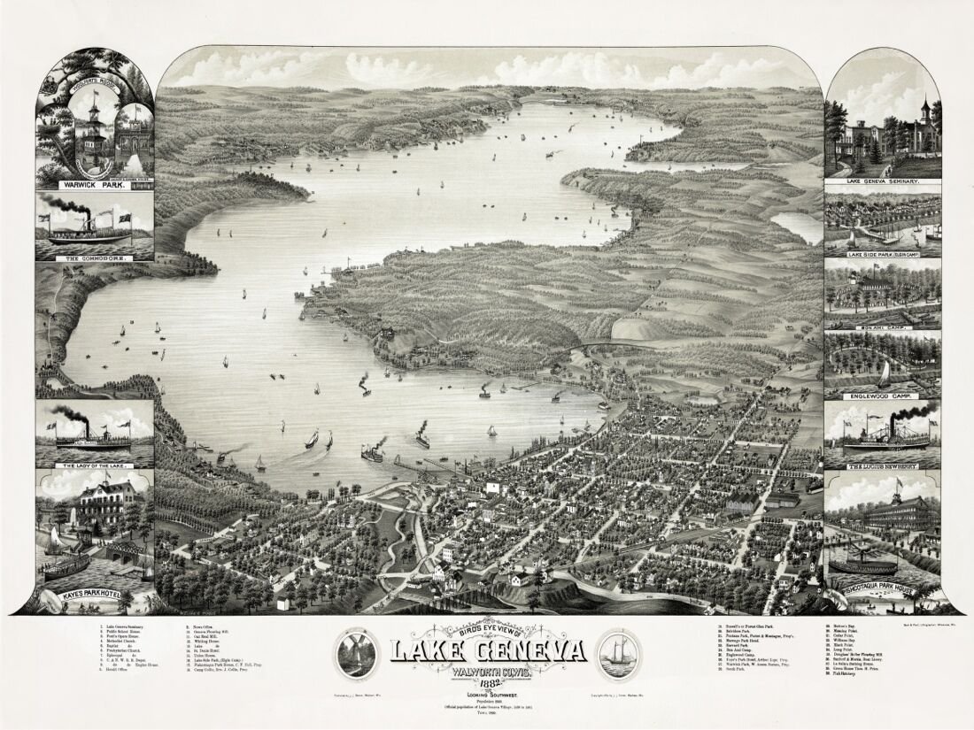 6703.Map of lake Geneva.town on bay with boats and hills.POSTER.art ...