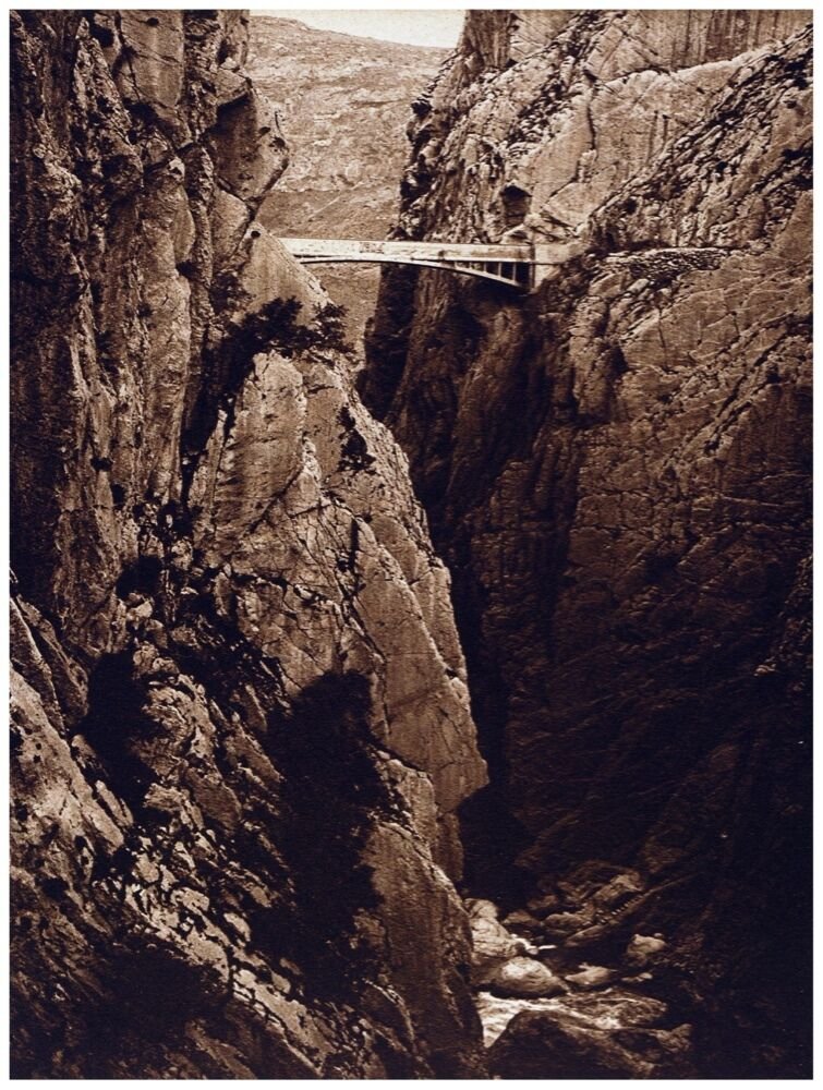 8190.Bridge between two mountain sides.over rocky river.POSTER.art wall decor