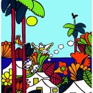 7185.Tropical village among palm trees birds and flowers.POSTER.art wall decor 7185.Tropical village among palm trees birds and flowers.POSTER.art wall decor