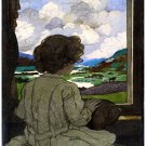 9570.Girl looks out window to valley.river.mountain.POSTER.decor Home Office art