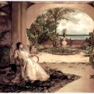 9111.Woman sitting on chair in patio facing sea.POSTER.decor Home Office art