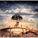 9911.Umbrella on chair on bridge.barren river.POSTER.home decor graphic art