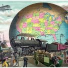 8907.Train traverses station in front of globe.POSTER.art wall decor graphic art