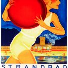 7711.Strandbad interlaken.woman running with beach ball.POSTER.art wall decor