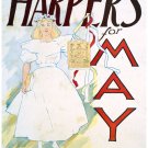 6061.Harper's.Girl holding magazine in white dress.POSTER.Home Office art