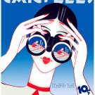 7788.Retro woman watches man rowing via binoculars.POSTER.art wall decor