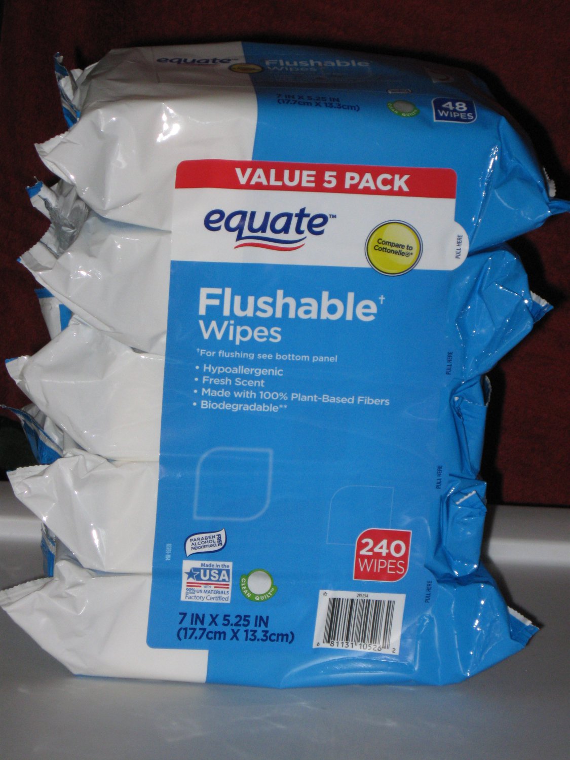 (5 pack) Equate Flushable Wipes 48 Wipes Per Pack 240 Wipes Total