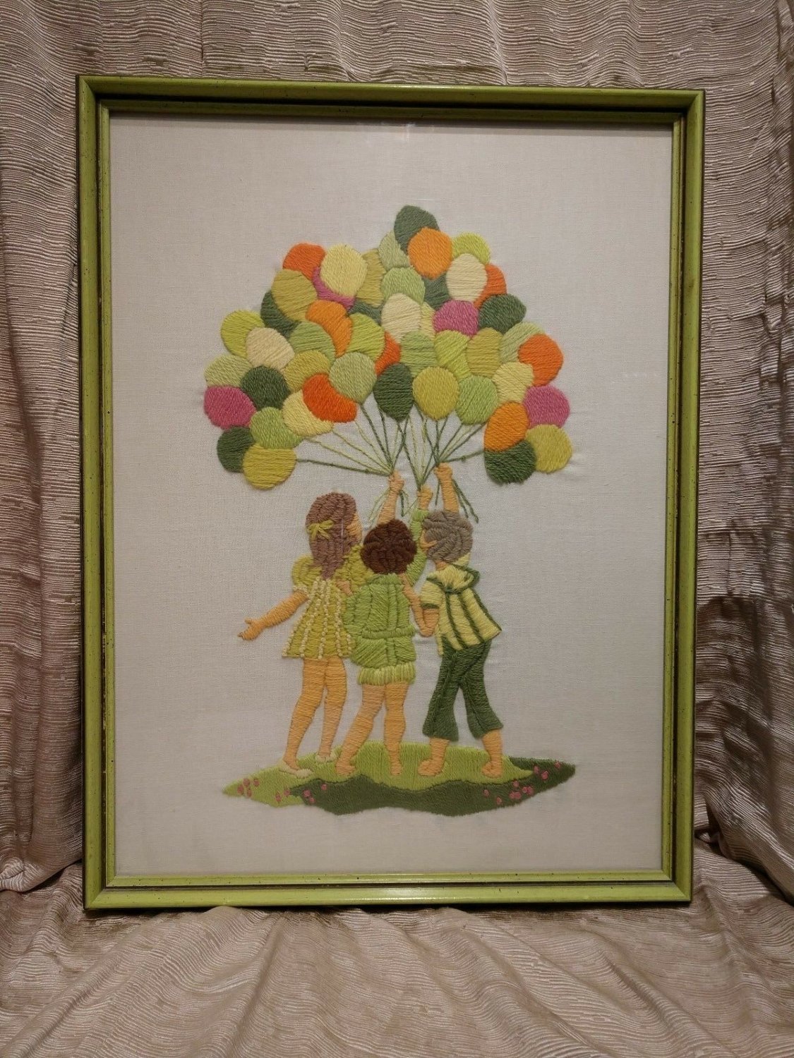 Vintage Custom Framed Bucilla Creative Crewel HOLD TIGHT Children with Balloons