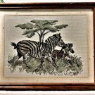 FINISHED VINTAGE FRAMED ZEBRA CROSS STITCH