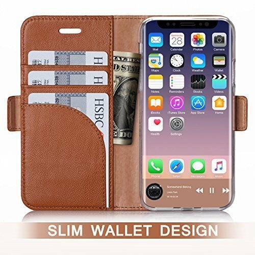 iPhone Xs Wallet Slim Case Genuine Leather Credit Card Kickstand Cover Brown New