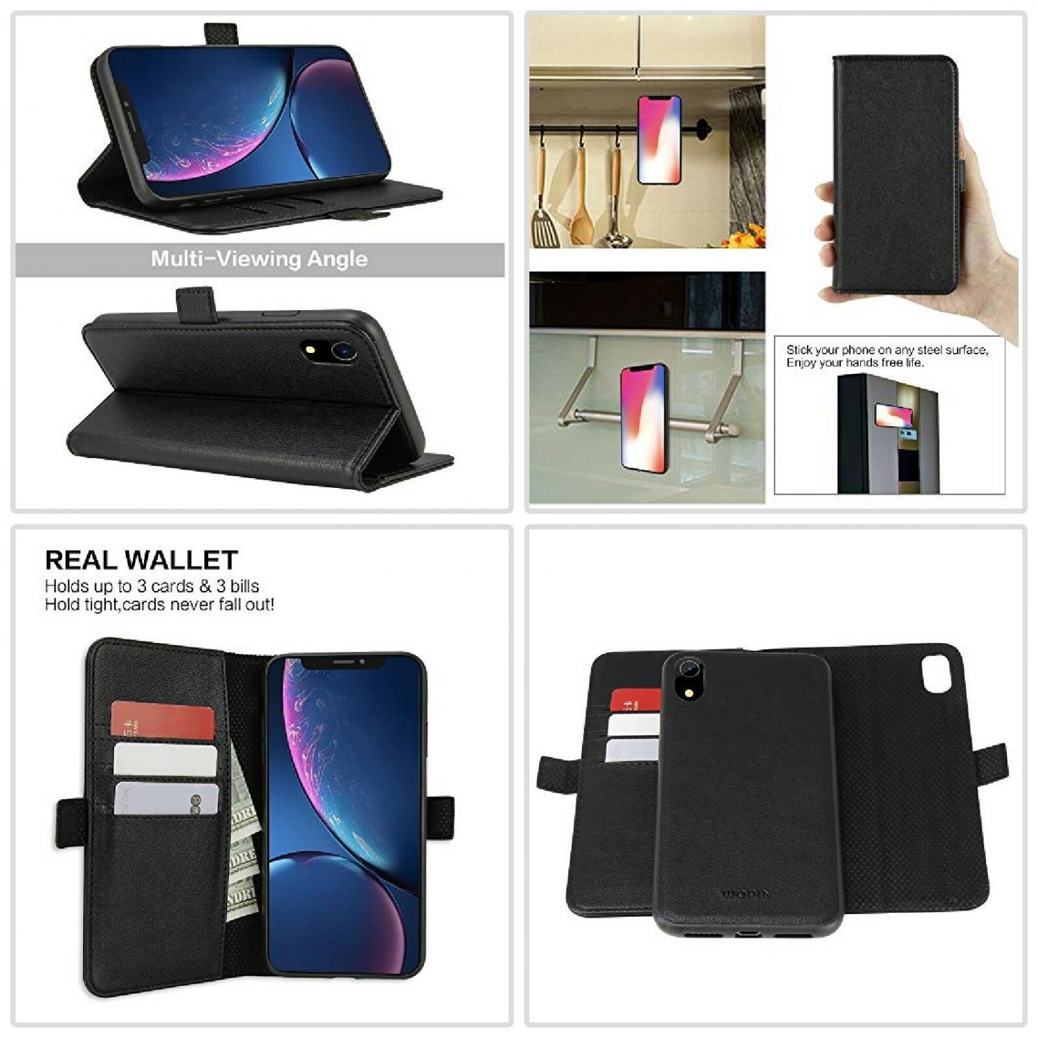 iPhone Xr Leather Wallet Case Kickstand Detachable with 3 Card Slots Black