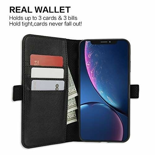 iPhone Xr Leather Wallet Case Kickstand Detachable with 3 Card Slots Black