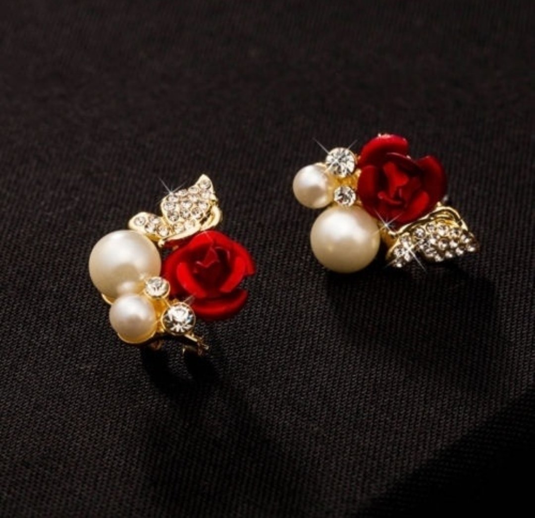 Red Rose Flower Imitation Pearl/ Yellow/Gold Plated Crystal Earrings