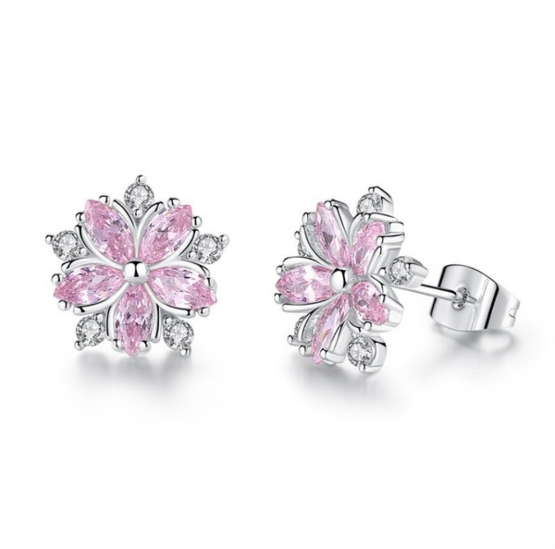 925er Sterling Silver Pink Topaz Cross Diamond Sakura Flower Studs