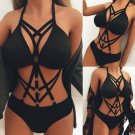 Women sexy Cut-out Halter Bathing Suits Lace Up Bandage Deep V-Neck Sleeveless Print Jumpsuit XTT