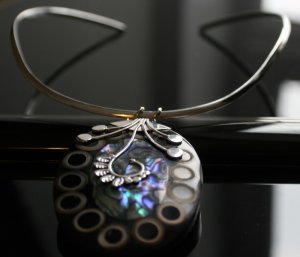 SALE!! - Paua and Shell in Ornate Silver Bail with 3mm Silver Choker