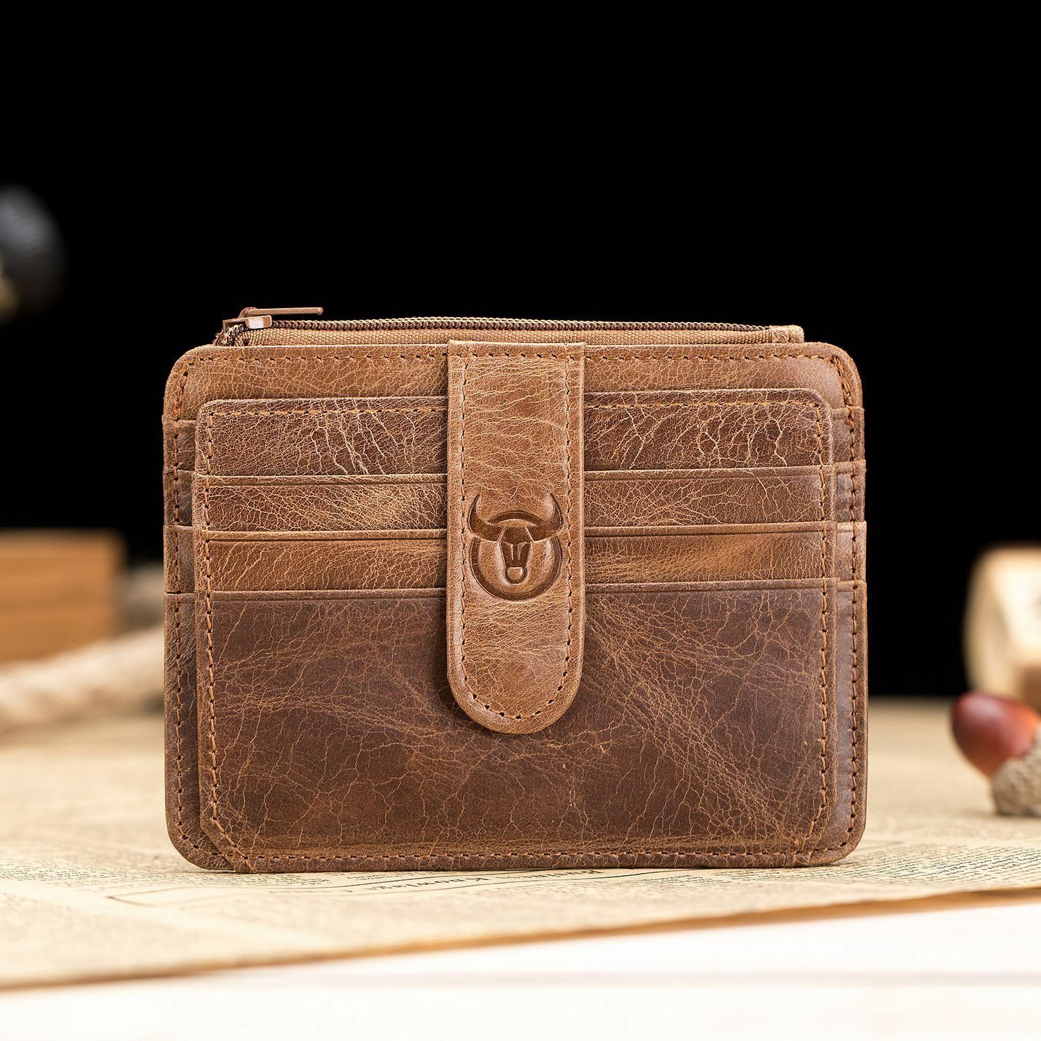 Bullcaptain Brown Men Genuine Leather Wallet Business Card Holder pickup package