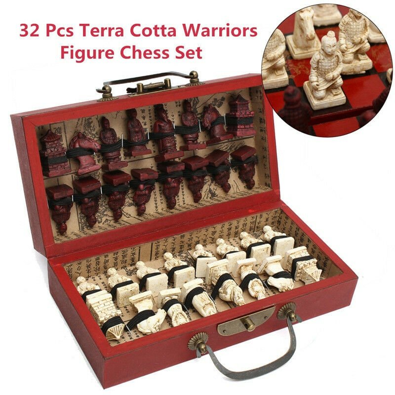 Terra Cota Chinese Retro Warriors Figure Chess 32 Pieces With Wood Leather Box