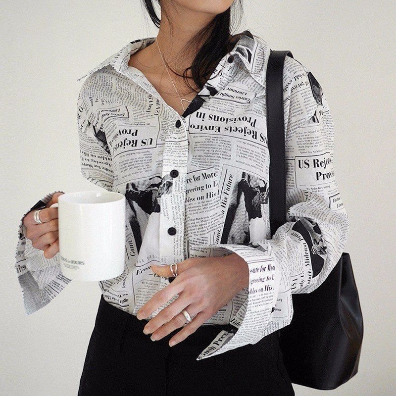 Women Black White Letter Print Long Sleeve Newspaper Print Shirt Casual