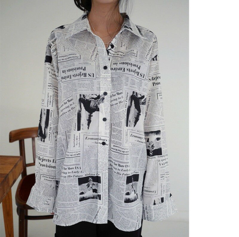 Women Black White Letter Print Long Sleeve Newspaper Print Shirt Casual