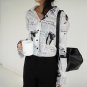 Women Black White Letter Print Long Sleeve Newspaper Print Shirt Casual Blouse