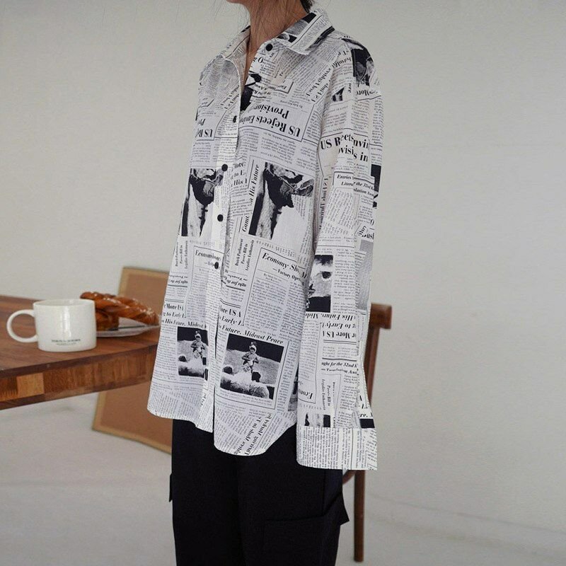 Women Black White Letter Print Long Sleeve Newspaper Print Shirt Casual