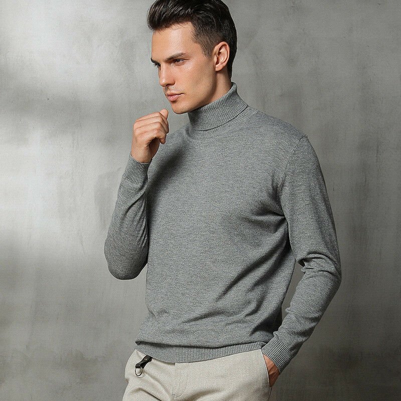 Men Warm High Neck Business Sweater Grey Turtleneck Pullover Winter Top Jumper