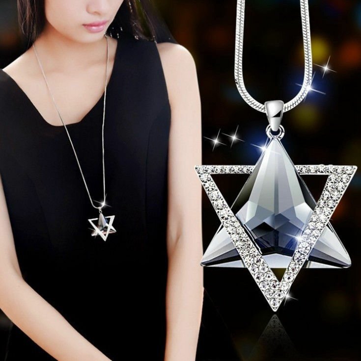 Long Section Six Star Necklace Opal Sweater Chain Silver Dark Jewelry Crystals
