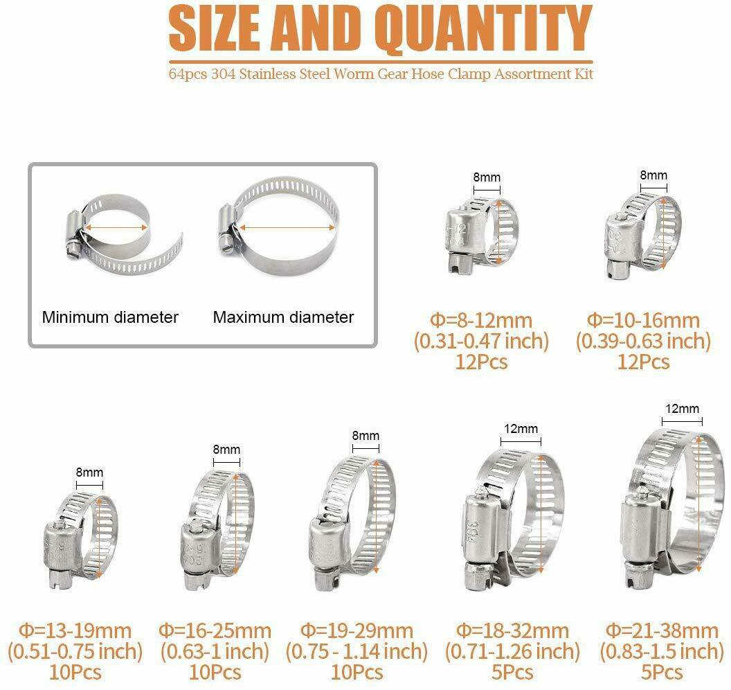 64 Pcs Auto Vehicle Pipes Adjustable 8 to 38mm Diameter Clips Gear Hose Clamps