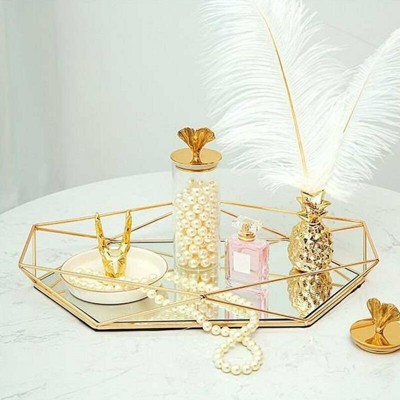 Jewelry Display Tray Mirror Colorful Glass Decor Storage Mirror Gold Oval Tray