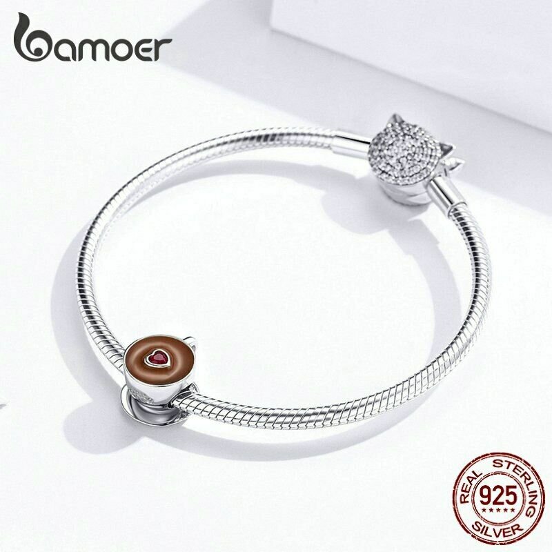 European Charm Bracelet 925 Sterling Silver Women Coffee Cup Metal Beads Bamoer