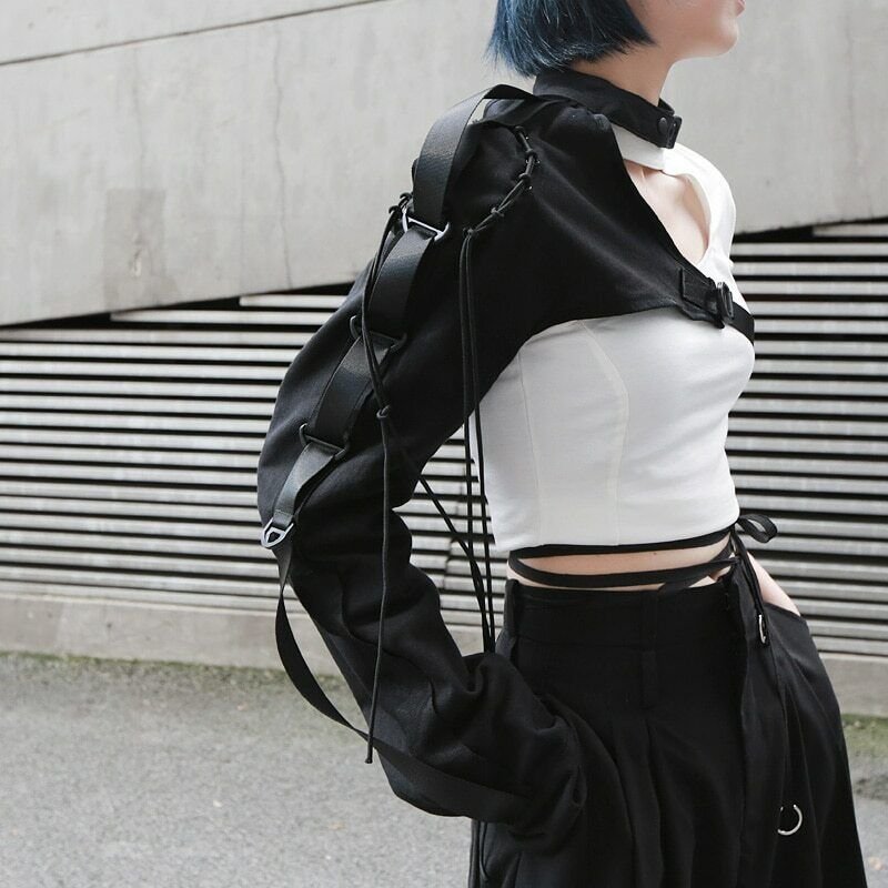 Women Top One Shoulder Gothic Dark Long Sleeved Streetwear Hip Hop Buckle Coat