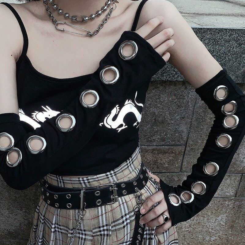 Women Gothic Punk Goth Hard Rock Black Elbow Length Eyelet Sleeve Long Gloves