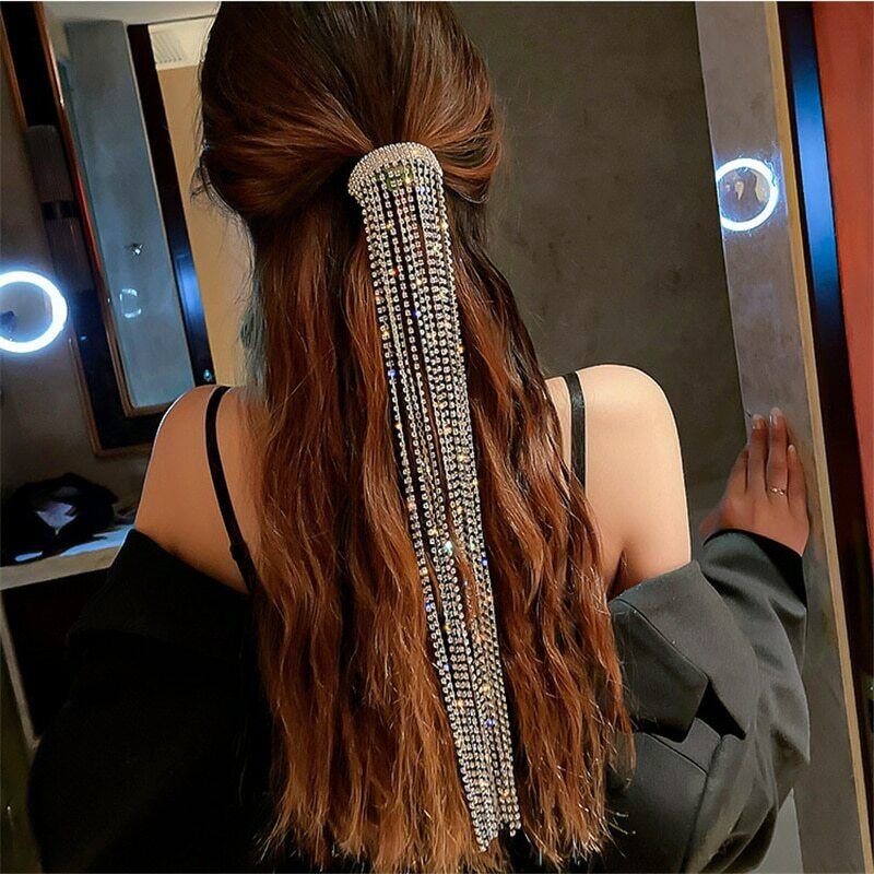 Crystal Shining Hair Ponytail Jewelry Full Rhinestone Women Hairpins Long Tassel