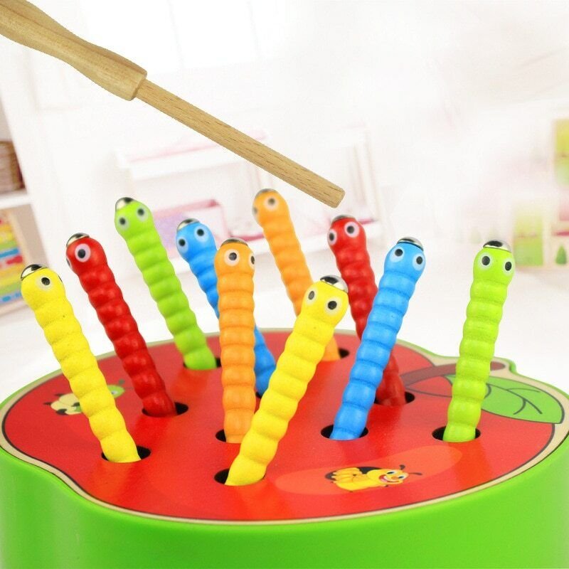 Red Apple Catch Worm Kids Game Magnetic Strawberry Apple Educational Wooden Game