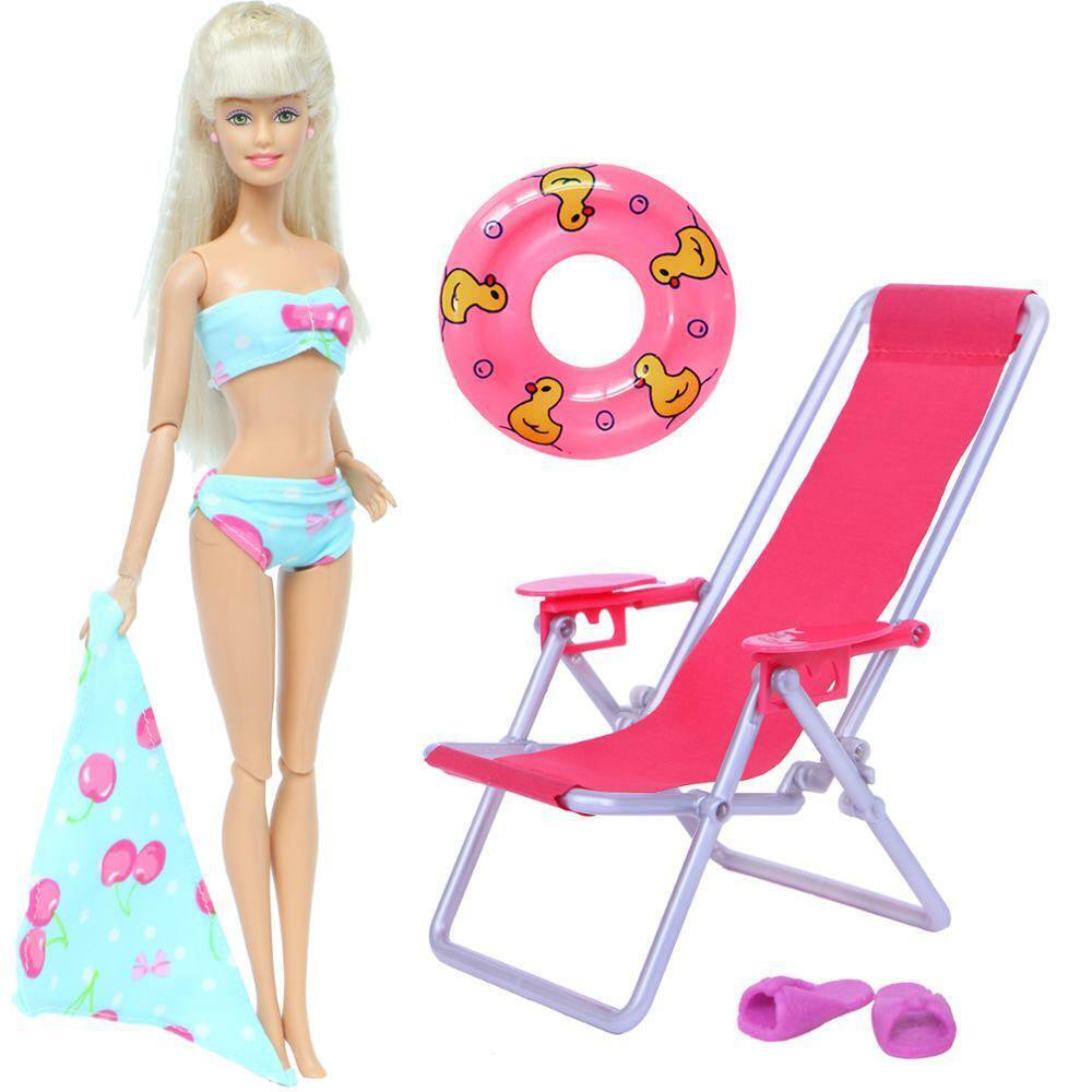 4pcs Barbie Doll Accessories Blue Swimwear Bikini Beach Chair Lifebuoy Slippers