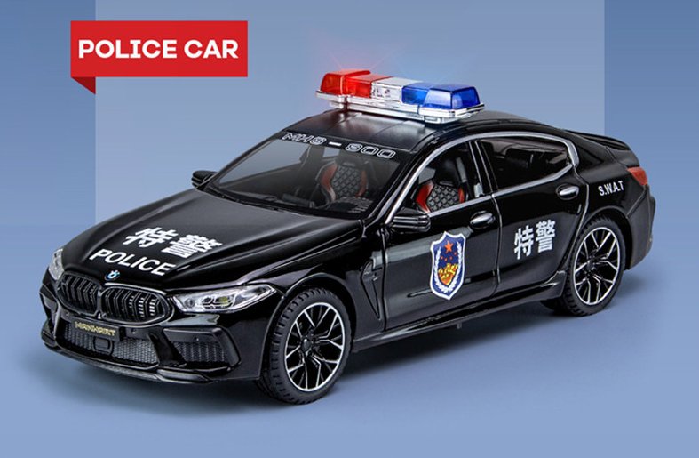 Police Black Car Model Collection Sound & Light Bmw  M8 MH8 Alloy Car 1:24 Model