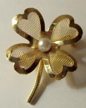 Vintage Four Leaf Gold Clover Pin with Pearl Attached