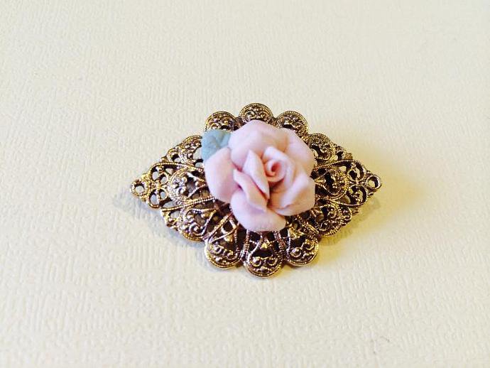 Vintage Monet Gold Tone Rose Flower Brooch with Clear Rhinestones