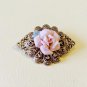 Vintage Monet Gold Tone Rose Flower Brooch with Clear Rhinestones
