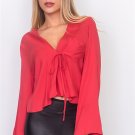 VALENTINE LOVERS - BERRY RED TIE FRONT BELL SLEEVE TOP